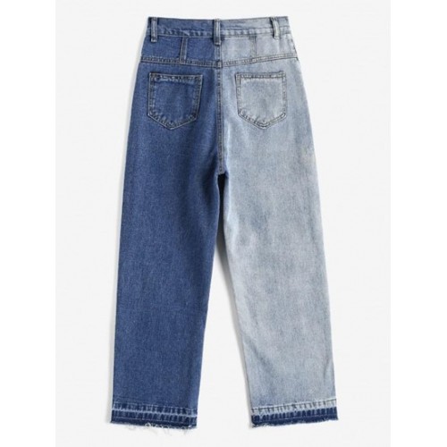 Bicolor Frayed Hem Straight Crossover Jeans