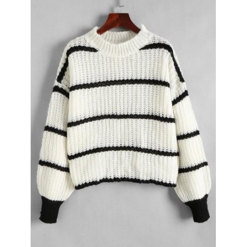 Chunky Knit Striped Balloon Sleeve Sweater