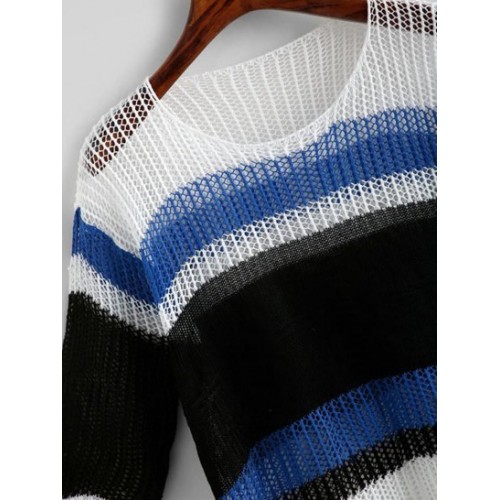 Openwork Drop Shoulder Wide Stripes Sweater