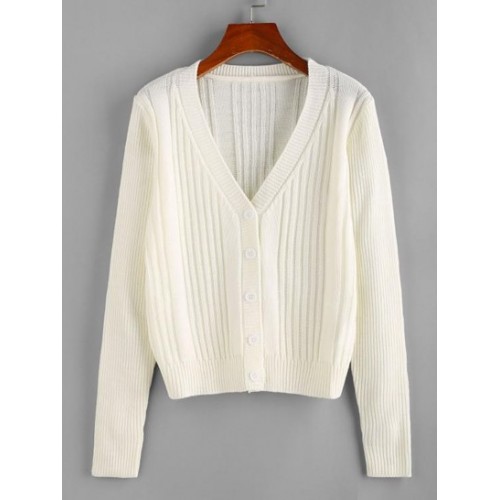 Button Up Solid Ribbed Panel Cardigan