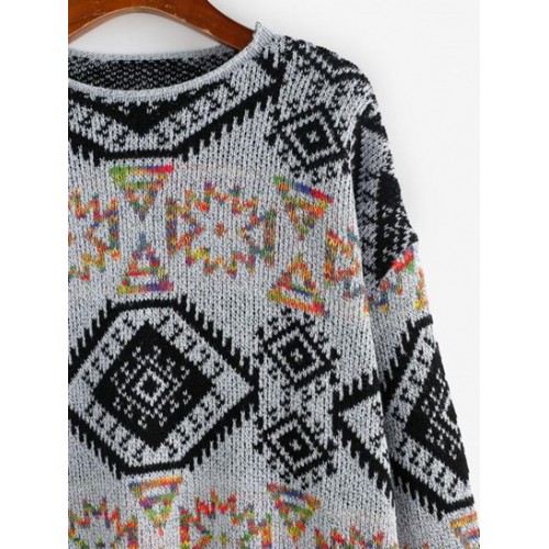 Rolled Edge Drop Shoulder Geo Graphic Sweater