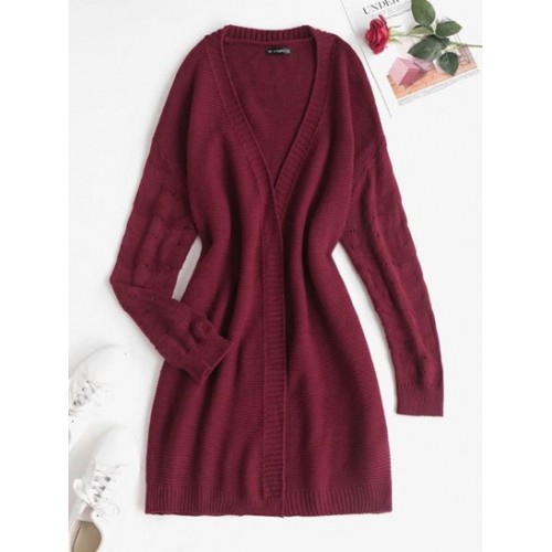 Long Open Front Pointelle Knit Cardigan