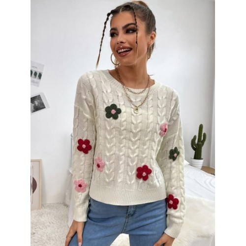 Crew Neck Floral Applique Cable Knit Sweater