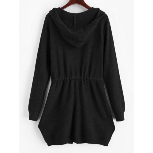 Longline Hooded Drawstring Pockets Cardigan