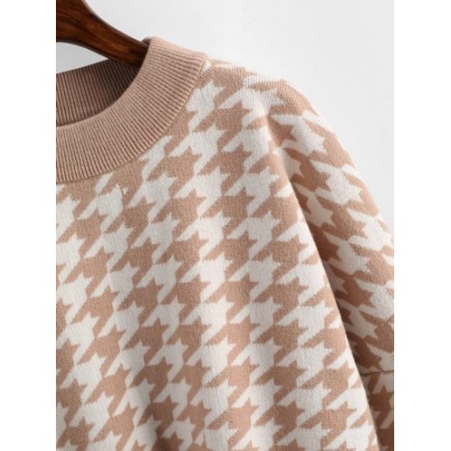 Loose Houndstooth Crew Neck Sweater