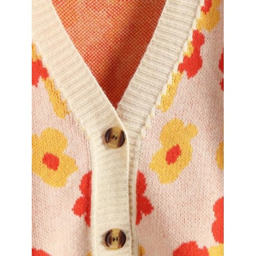 V Neck Floral Button Up Cardigan