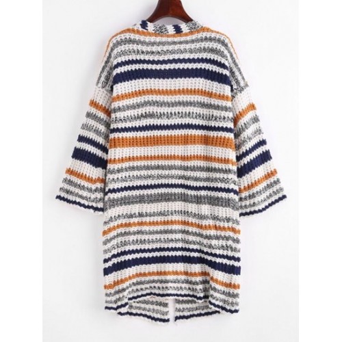 Dual Pocket Open Front Stripes Cardigan