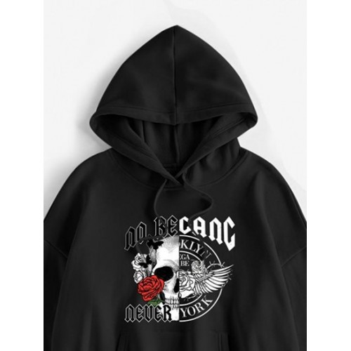 Halloween Skull Wing Rose Print Thermal Lined Hoodie