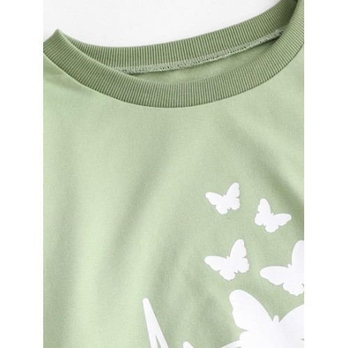 Crew Neck Butterfly Print Pullover Sweatshirt