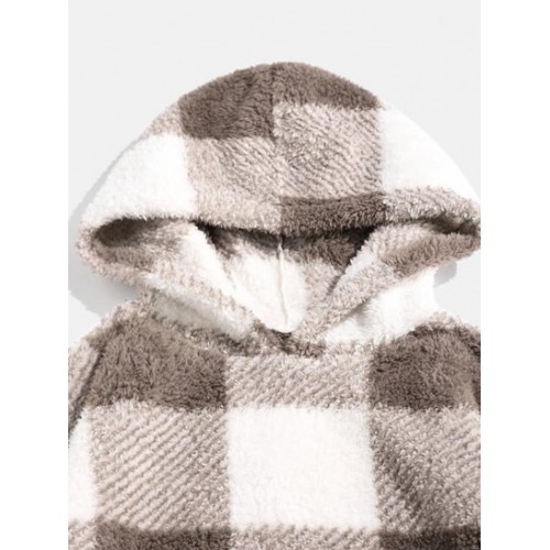 Pockets Double Plaid Fluffy Hoodie
