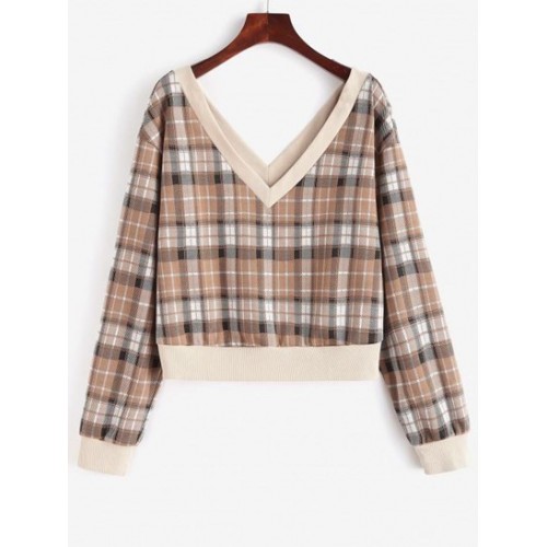 Ribbed Trim Plaid Double-v Sweatshirt