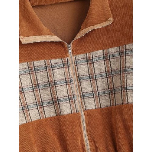 Plaid Panel Zip Up Corduroy Jacket