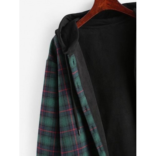 Plaid Button Up Pocket Hooded Coat