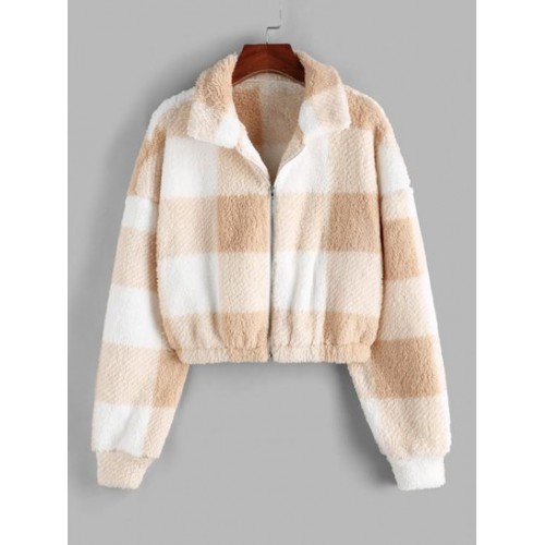 Zip Up Plaid Fluffy Teddy Jacket