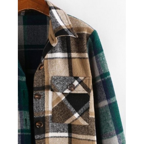 Color Blocking Plaid Checked Flannel Chest Pocket Shacket