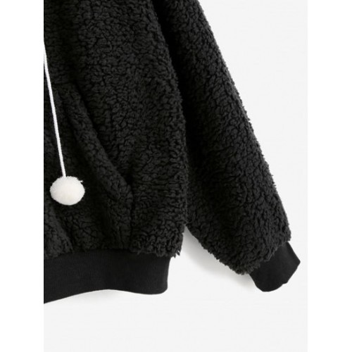 Hooded Faux Shearling Pompom Zip Teddy Coat