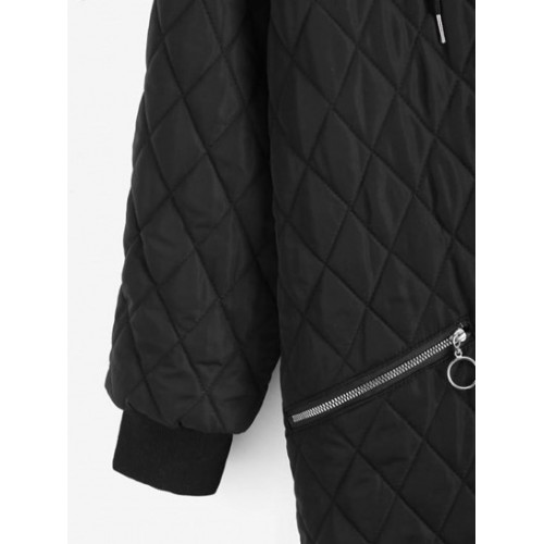 Long Hooded Zippered Pockets Quilted Coat