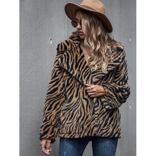 Zebra Fluffy Faux Fur Open Front Coat