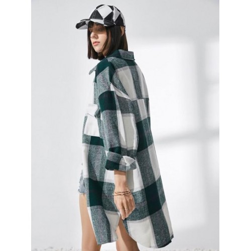 Plaid Front Pocket Wool Blend Coat