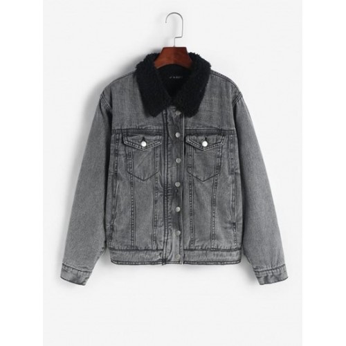 Faux Shearling Lined Pocket Zip Denim Jacket