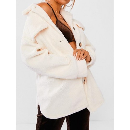 Drop Shoulder Flap Detail Faux Fur Coat