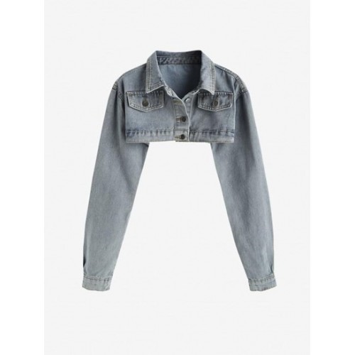 Flap Detail Micro Cropped Denim Jacket