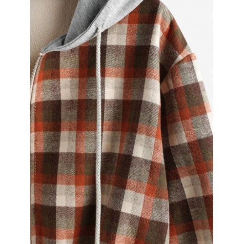 Hooded Plaid Fleece Lined Zip Jacket