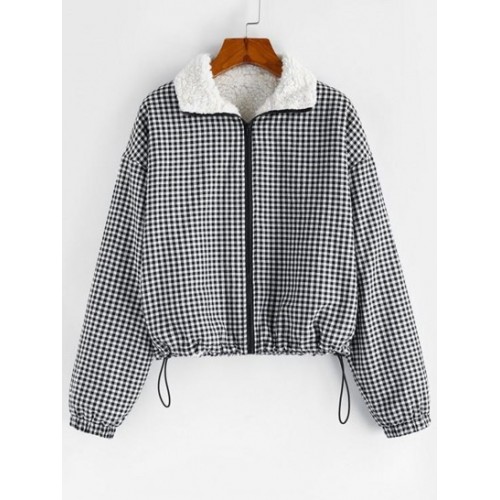 Gingham Drop Shoulder Faux Fur Lining Coat