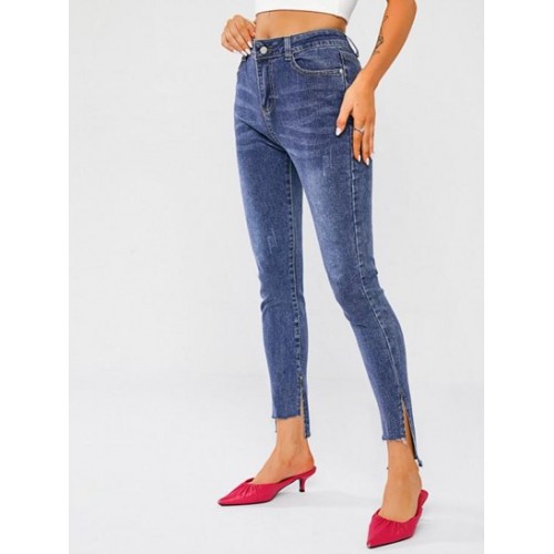 Split Raw Hem Frayed Skinny Jeans