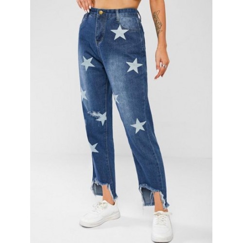 Star Print Ripped Stepped Hem Tapered Jeans