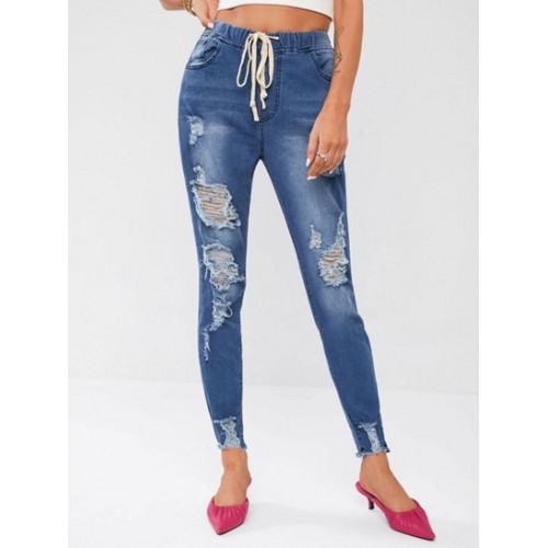 Drawstring Ripped Frayed Hem Skinny Jeans