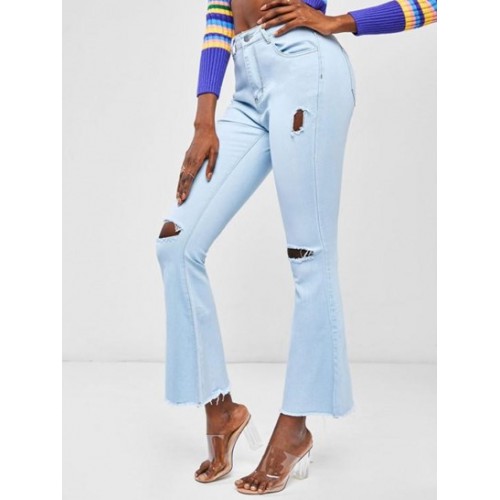 Ripped Frayed Light Wash Flare Jeans