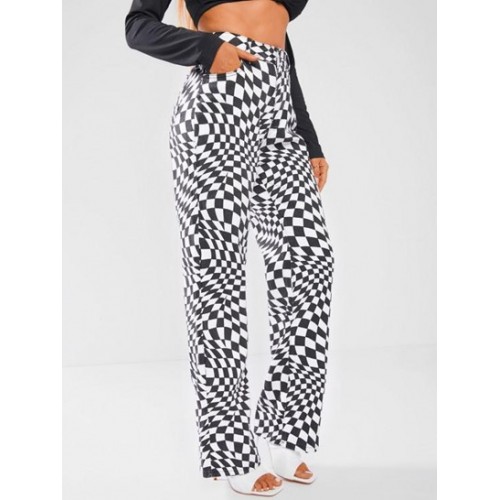 Baggy Op Art Checkerboard Wide Leg Jeans