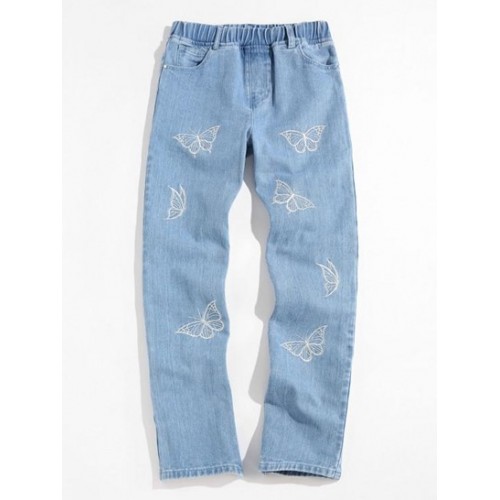 Mid Rise Straight Butterfly Embroidered Jeans