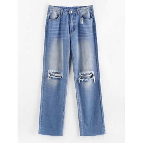 Distressed Raw Cuffs Straight Jeans