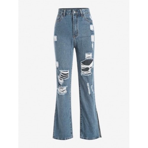 Distressed Slit High Waisted Straight Jeans