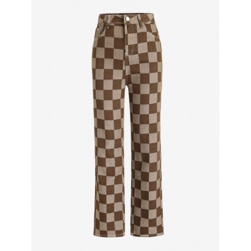 High Waisted Checkerboard Pattern Wide Leg Jeans