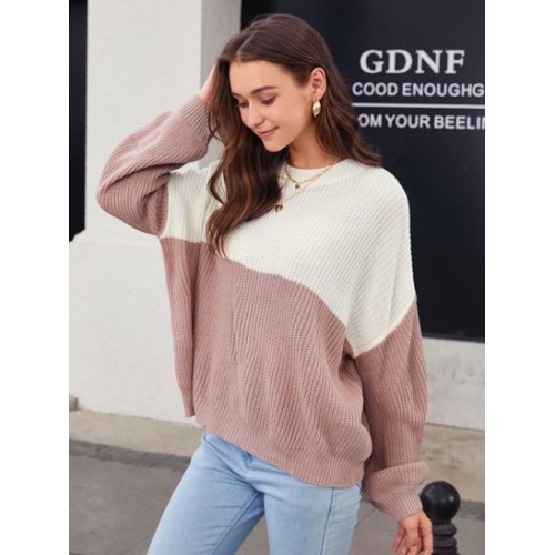 Contrast Two Tone Bicolor Drop Shoulder Sweater