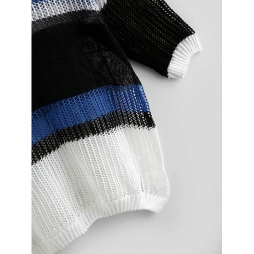 Openwork Drop Shoulder Wide Stripes Sweater