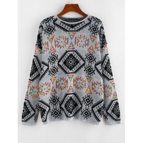 Rolled Edge Drop Shoulder Geo Graphic Sweater