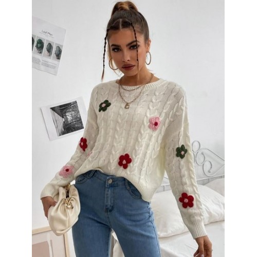 Crew Neck Floral Applique Cable Knit Sweater