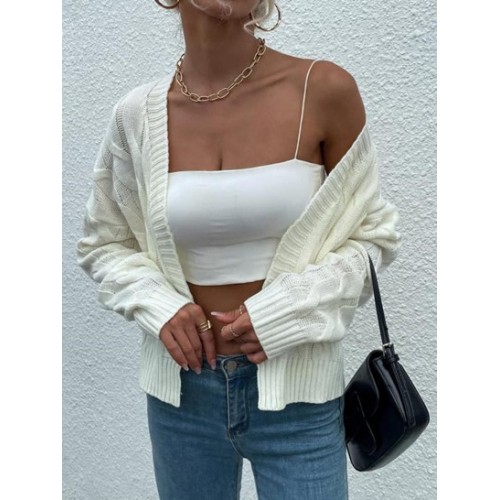 Cable Knit Drop Shoulder Open Front Cardigan