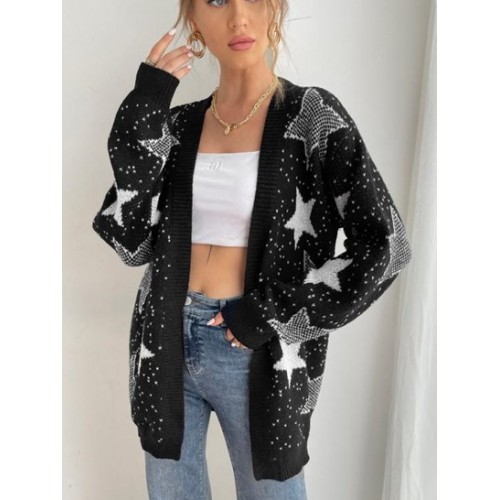 Open Front Star Graphic Tunic Cardigan