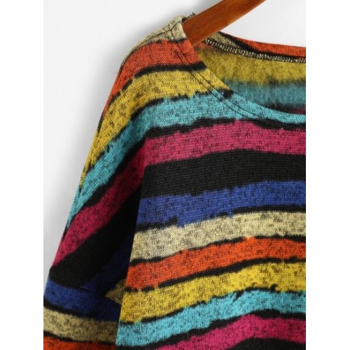 Loose Colorful Stripes Fleece Lined Sweatshirt