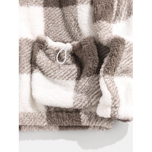 Pockets Double Plaid Fluffy Hoodie