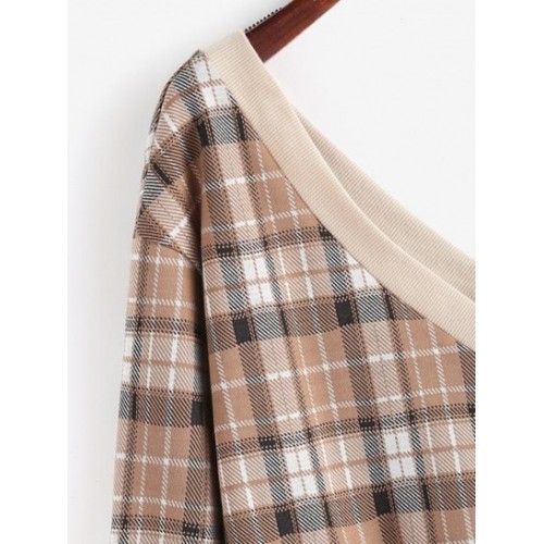 Ribbed Trim Plaid Double-v Sweatshirt