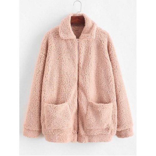 X Yasmine Bateman Pocket Zipper Drop Shoulder Fluffy Teddy Coat