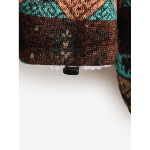 Hooded Tribal Print Faux Fur Lined Coat