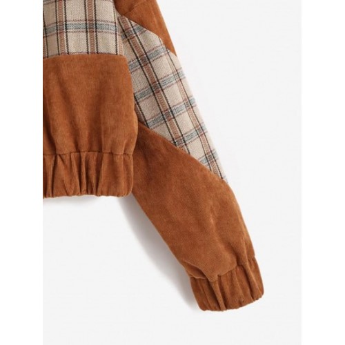 Plaid Panel Zip Up Corduroy Jacket