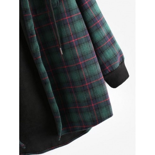 Plaid Button Up Pocket Hooded Coat